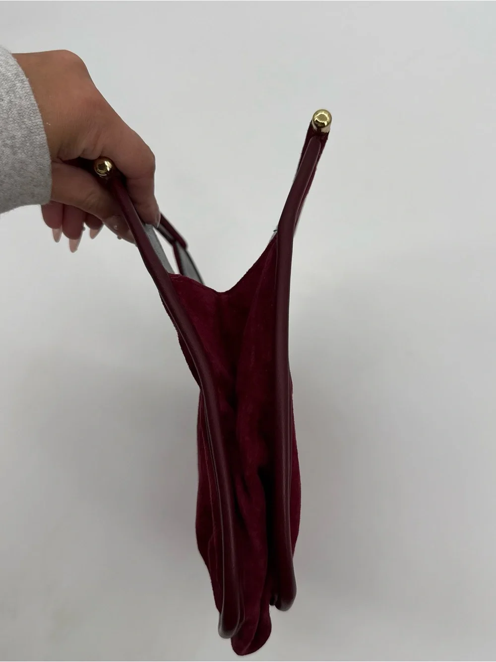 Vintage Burgundy Suede Top Handle Handbag Gold Hardware Structured Purse
